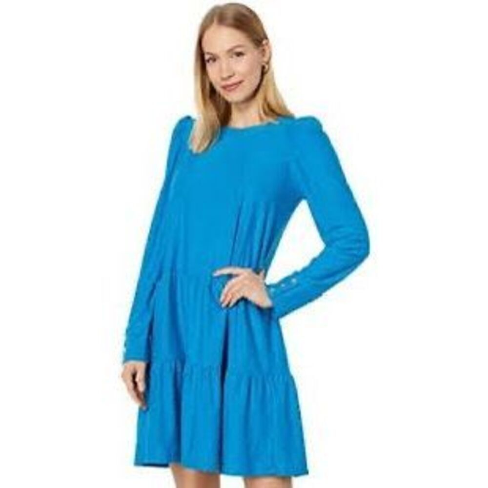 Lilly Pulitzer Size S Arlette Long Sleeve Swiss Dot Tiered Mini Dress Teal Blue
